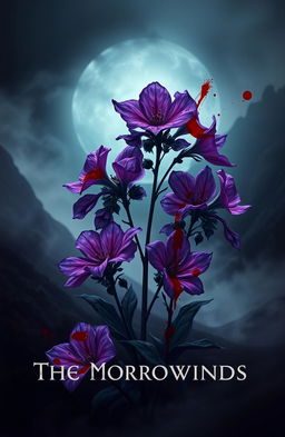 A visually striking design titled "The Morrowinds" featuring vibrant Wolfsbane flowers in full bloom, their rich purple hues contrasting beautifully with dark red splatters of blood artistically integrated into the composition