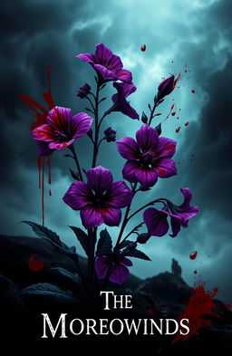 A visually striking design titled "The Morrowinds" featuring vibrant Wolfsbane flowers in full bloom, their rich purple hues contrasting beautifully with dark red splatters of blood artistically integrated into the composition