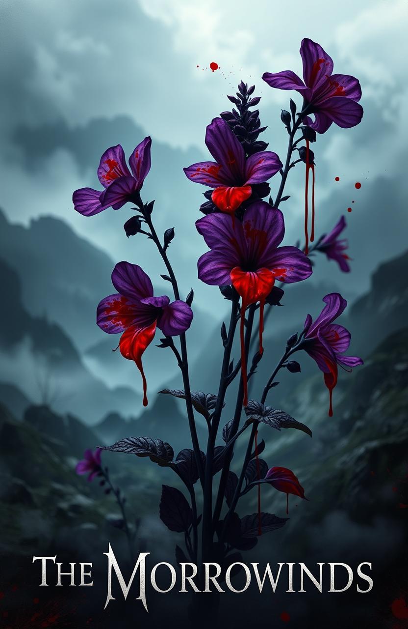 A visually striking design titled "The Morrowinds" featuring vibrant Wolfsbane flowers in full bloom, their rich purple hues contrasting beautifully with dark red splatters of blood artistically integrated into the composition