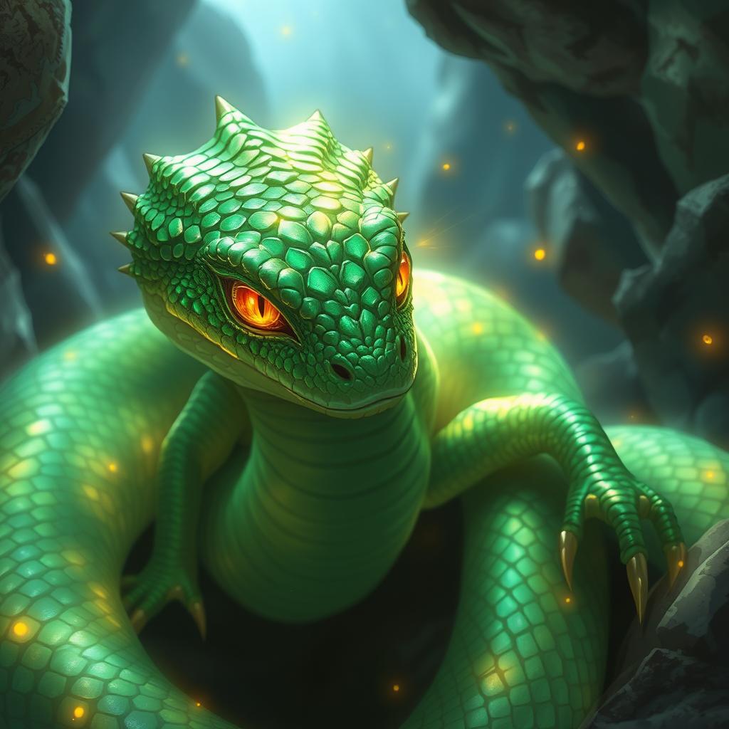 A mysteriously enchanting basilisk with emerald scales shimmering in an otherworldly glow, slithering through a fantastical anime world