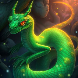 A mysteriously enchanting basilisk with emerald scales shimmering in an otherworldly glow, slithering through a fantastical anime world