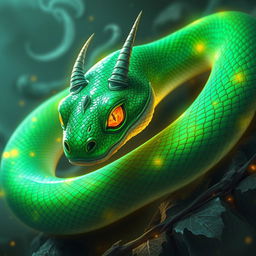 A mysteriously enchanting basilisk with emerald scales shimmering in an otherworldly glow, slithering through a fantastical anime world