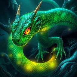 A mysteriously enchanting basilisk with emerald scales shimmering in an otherworldly glow, slithering through a fantastical anime world