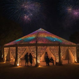 Arab tents are transformed into glorious light installations for a 'Night of Illumination' event. The scene incorporates colorful LED lights, lanterns, projections, bespoke light shows, live music performances, and a fireworks display in the night sky.