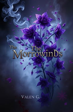 A mysterious and fantastical design titled 'The Morrowinds', featuring intricate and vibrant illustrations of purple Wolfsbane flowers intertwined with splashes of blood