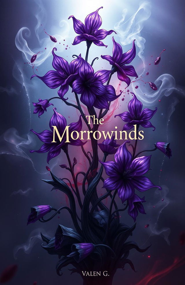 A mysterious and fantastical design titled 'The Morrowinds', featuring intricate and vibrant illustrations of purple Wolfsbane flowers intertwined with splashes of blood