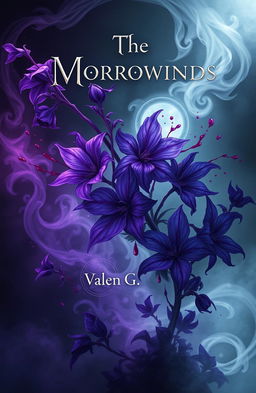 A mysterious and fantastical design titled 'The Morrowinds', featuring intricate and vibrant illustrations of purple Wolfsbane flowers intertwined with splashes of blood