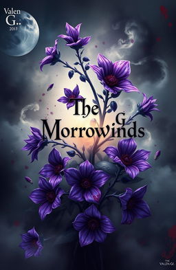 A mysterious and fantastical design titled 'The Morrowinds', featuring intricate and vibrant illustrations of purple Wolfsbane flowers intertwined with splashes of blood