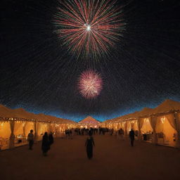 Arab tents are transformed into glorious light installations for a 'Night of Illumination' event. The scene incorporates colorful LED lights, lanterns, projections, bespoke light shows, live music performances, and a fireworks display in the night sky.