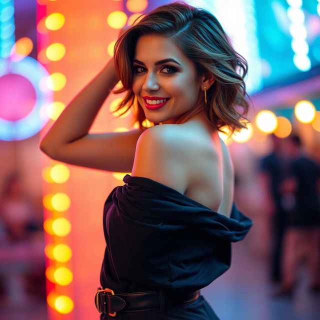 A close-up of a beautiful woman confidently posing in a stylish and trendy outfit, highlighting her curves and femininity