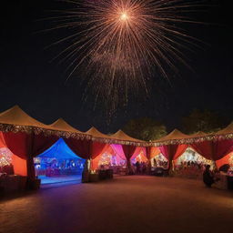 Arab tents are transformed into glorious light installations for a 'Night of Illumination' event. The scene incorporates colorful LED lights, lanterns, projections, bespoke light shows, live music performances, and a fireworks display in the night sky.