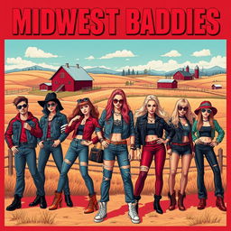 A vibrant and edgy poster featuring a group of stylish and confident individuals embodying the 'baddies' aesthetic from the Midwest