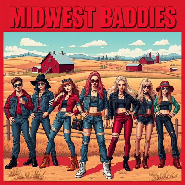 A vibrant and edgy poster featuring a group of stylish and confident individuals embodying the 'baddies' aesthetic from the Midwest