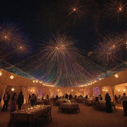 Arab tents are transformed into glorious light installations for a 'Night of Illumination' event. The scene incorporates colorful LED lights, lanterns, projections, bespoke light shows, live music performances, and a fireworks display in the night sky.