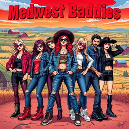 A vibrant and edgy poster featuring a group of stylish and confident individuals embodying the 'baddies' aesthetic from the Midwest