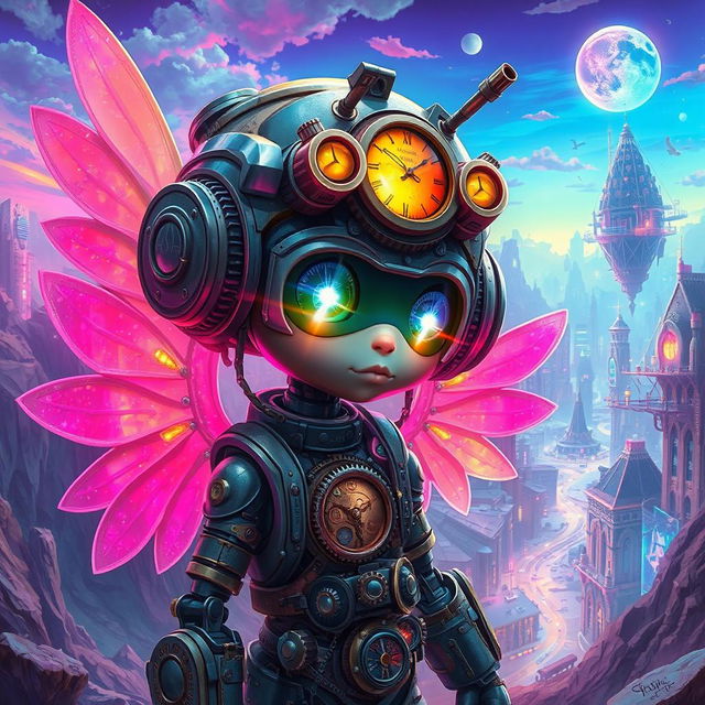 A whimsically fantastical cyborg wanderer, embodying a blend of futuristic technology and nostalgic whimsy, featuring laser eyes sparkling amidst retro gears and clockwork mechanisms, complemented by holographic wings shimmering with pixelated rainbows