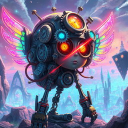 A whimsically fantastical cyborg wanderer, embodying a blend of futuristic technology and nostalgic whimsy, featuring laser eyes sparkling amidst retro gears and clockwork mechanisms, complemented by holographic wings shimmering with pixelated rainbows