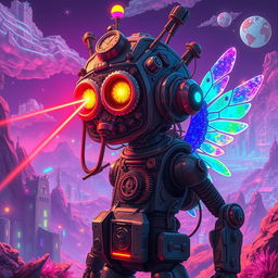 A whimsically fantastical cyborg wanderer, embodying a blend of futuristic technology and nostalgic whimsy, featuring laser eyes sparkling amidst retro gears and clockwork mechanisms, complemented by holographic wings shimmering with pixelated rainbows