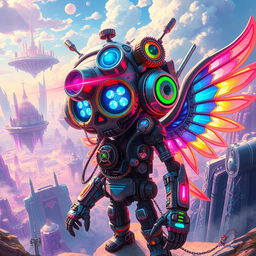 A whimsically fantastical cyborg wanderer, embodying a blend of futuristic technology and nostalgic whimsy, featuring laser eyes sparkling amidst retro gears and clockwork mechanisms, complemented by holographic wings shimmering with pixelated rainbows