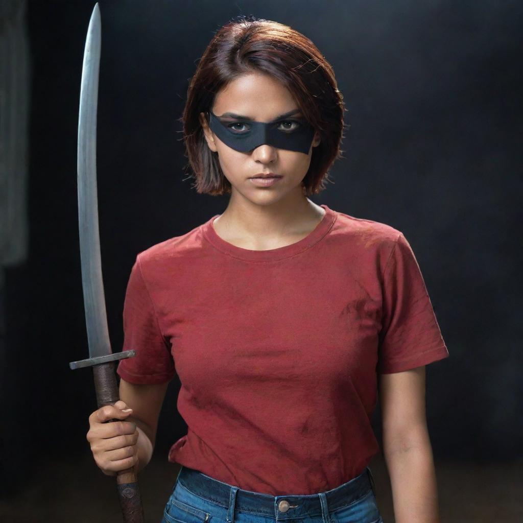 A fair-complexioned Indian girl with a black eyepatch covering only her left eye, her short reddish-brown hair accentuating her features. She confidently wields a sword, dressed in full-sleeved red t-shirt and jeans, standing in an ominous, dark Setting.