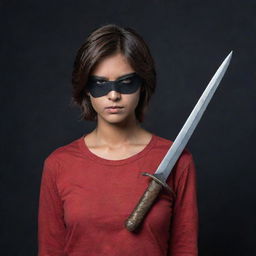 A fair-complexioned Indian girl with a black eyepatch covering only her left eye, her short reddish-brown hair accentuating her features. She confidently wields a sword, dressed in full-sleeved red t-shirt and jeans, standing in an ominous, dark Setting.