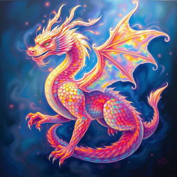 In a luminously deceptive oil painting, a majestic illusory dragon shimmers with an ethereal glow, its shimmering scales reflecting a rainbow of colors