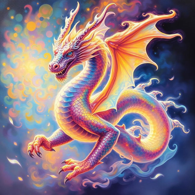 In a luminously deceptive oil painting, a majestic illusory dragon shimmers with an ethereal glow, its shimmering scales reflecting a rainbow of colors