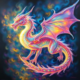 In a luminously deceptive oil painting, a majestic illusory dragon shimmers with an ethereal glow, its shimmering scales reflecting a rainbow of colors