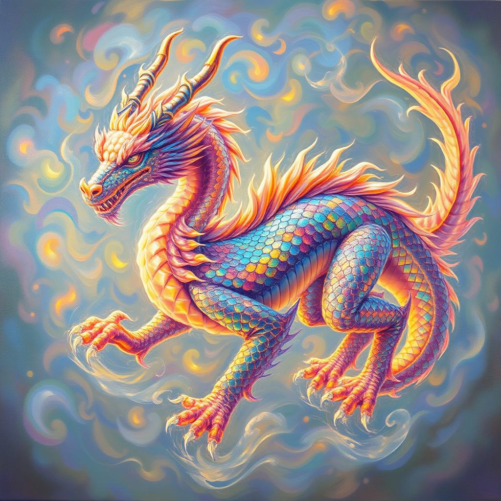 In a luminously deceptive oil painting, a majestic illusory dragon shimmers with an ethereal glow, its shimmering scales reflecting a rainbow of colors