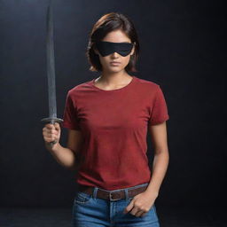 A fair-complexioned Indian girl with a black eyepatch covering only her left eye, her short reddish-brown hair accentuating her features. She confidently wields a sword, dressed in full-sleeved red t-shirt and jeans, standing in an ominous, dark Setting.