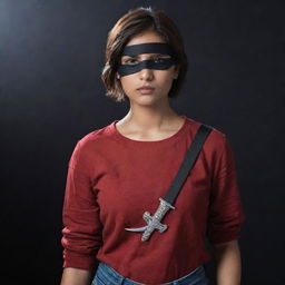 A fair-complexioned Indian girl with a black eyepatch covering only her left eye, her short reddish-brown hair accentuating her features. She confidently wields a sword, dressed in full-sleeved red t-shirt and jeans, standing in an ominous, dark Setting.