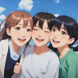 Three anime best friends; two girls and one boy, laughing joyfully together. They are radiating happiness and the deep bond of friendship between them is evident.