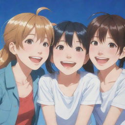 Three anime best friends; two girls and one boy, laughing joyfully together. They are radiating happiness and the deep bond of friendship between them is evident.