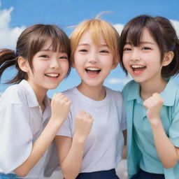 Three anime best friends; two girls and one boy, laughing joyfully together. They are radiating happiness and the deep bond of friendship between them is evident.