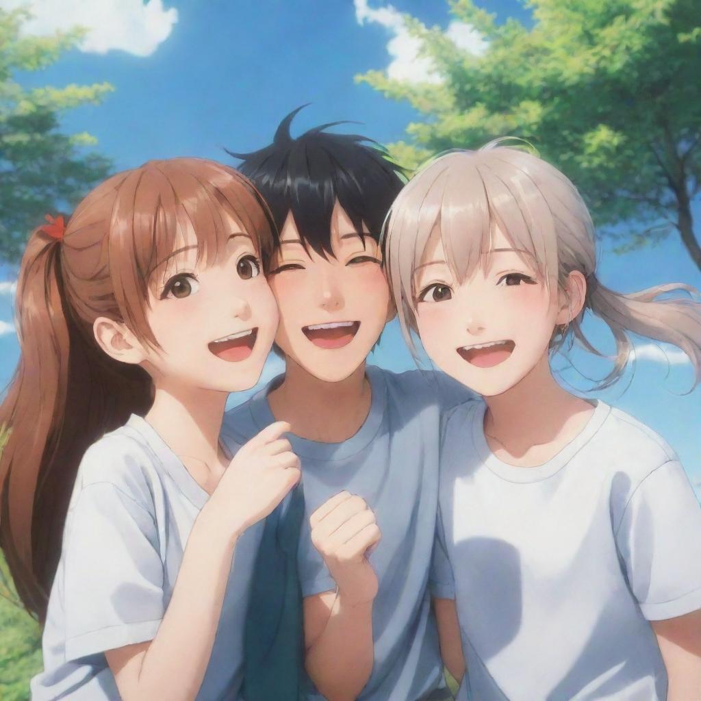 Three anime best friends; two girls and one boy, laughing joyfully together. They are radiating happiness and the deep bond of friendship between them is evident.