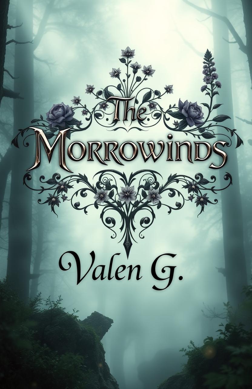 A stunning fantasy and mystery design featuring a large central title "The Morrowinds" in an intricate, mystical font, surrounded by a beautiful arrangement of wolfsbane flowers that exude an air of enchantment