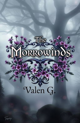 A stunning fantasy and mystery design featuring a large central title "The Morrowinds" in an intricate, mystical font, surrounded by a beautiful arrangement of wolfsbane flowers that exude an air of enchantment