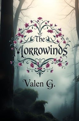 A stunning fantasy and mystery design featuring a large central title "The Morrowinds" in an intricate, mystical font, surrounded by a beautiful arrangement of wolfsbane flowers that exude an air of enchantment