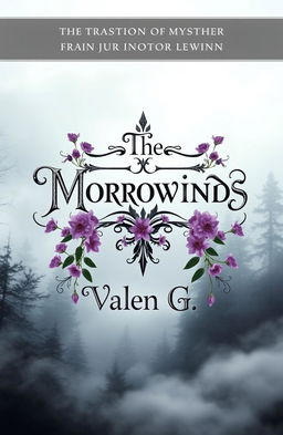 A stunning fantasy and mystery design featuring a large central title "The Morrowinds" in an intricate, mystical font, surrounded by a beautiful arrangement of wolfsbane flowers that exude an air of enchantment