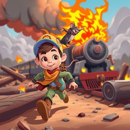 A vibrant cartoon scene featuring a brave young boy and his loyal rat companion embarking on an adventurous mission