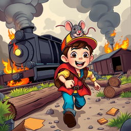 A vibrant cartoon scene featuring a brave young boy and his loyal rat companion embarking on an adventurous mission