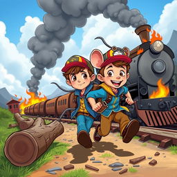 A vibrant cartoon scene featuring a brave young boy and his loyal rat companion embarking on an adventurous mission