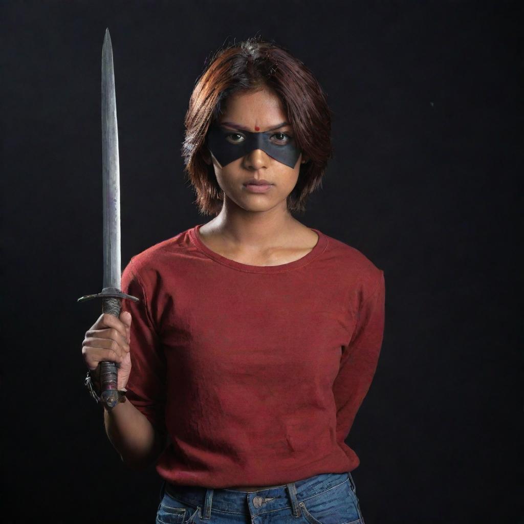 The image depicts a fair-complexioned Indian girl with reddish-brown short hair, her left eye covered solely by a black eyepatch. In a full-sleeve red t-shirt and jeans, she brandishes a sword against the backdrop of a profound darkness.