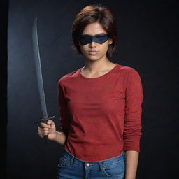 The image depicts a fair-complexioned Indian girl with reddish-brown short hair, her left eye covered solely by a black eyepatch. In a full-sleeve red t-shirt and jeans, she brandishes a sword against the backdrop of a profound darkness.