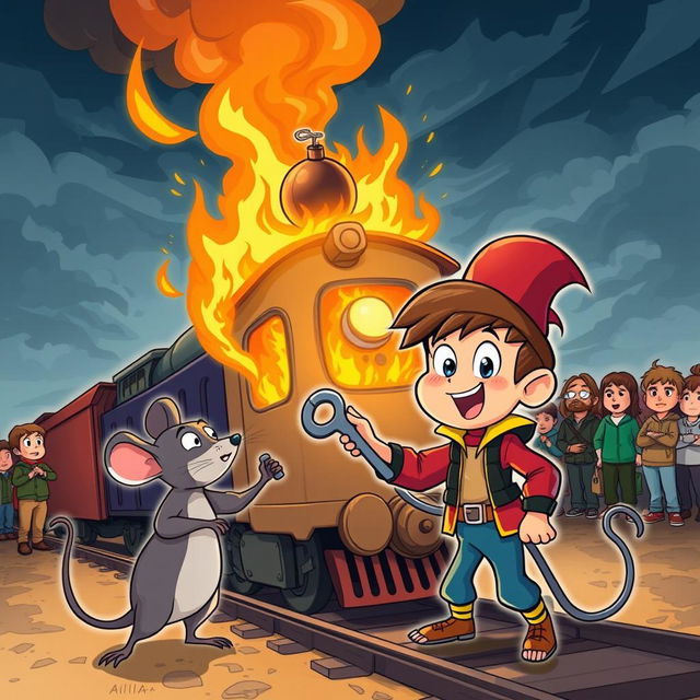 A vibrant cartoon scene featuring a brave boy and his clever rat sidekick embarking on an adventurous mission to save a burning train