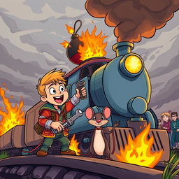 A vibrant cartoon scene featuring a brave boy and his clever rat sidekick embarking on an adventurous mission to save a burning train