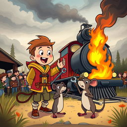 A vibrant cartoon scene featuring a brave boy and his clever rat sidekick embarking on an adventurous mission to save a burning train