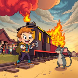 A vibrant cartoon scene featuring a brave boy and his clever rat sidekick embarking on an adventurous mission to save a burning train