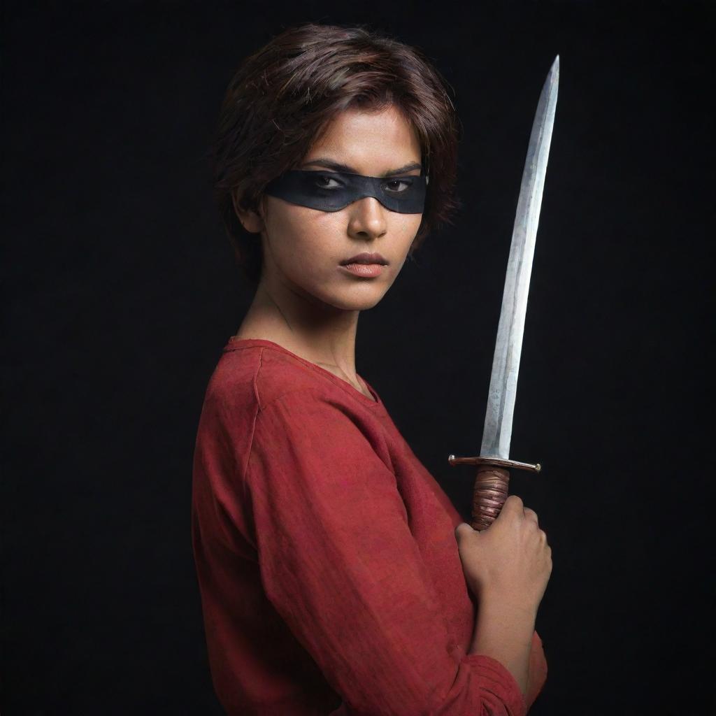 The image depicts a fair-complexioned Indian girl with reddish-brown short hair, her left eye covered solely by a black eyepatch. In a full-sleeve red t-shirt and jeans, she brandishes a sword against the backdrop of a profound darkness.