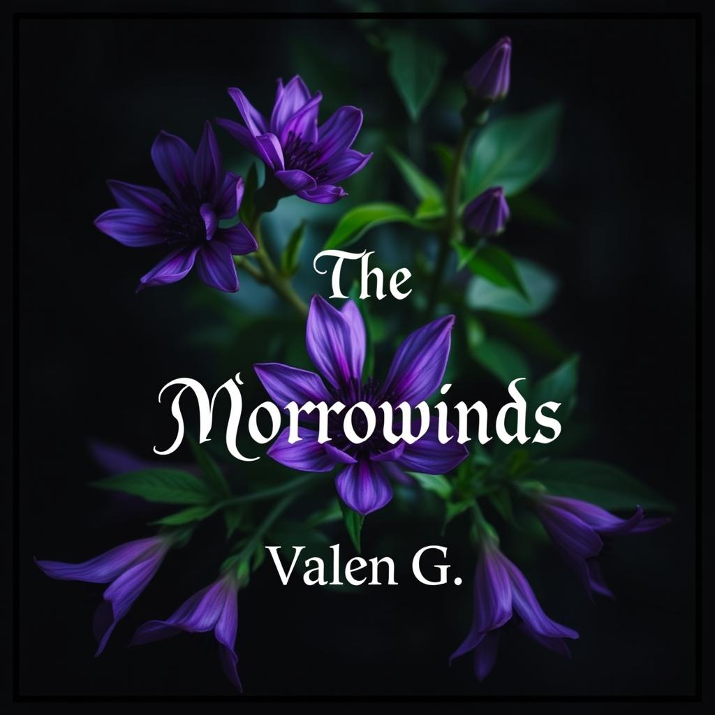 A captivating book cover design featuring mystery and dark fantasy elements, prominently showcasing striking Wolfsbane flowers with rich, deep purple petals and lush green foliage